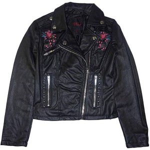 Yoki Big Girls' Floral Embroidered Design PU Faux Leather Jackets - 1 of 4
