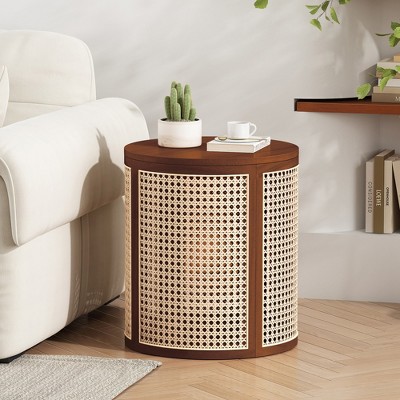 JUJABU 15.7" Round End Table, Hollow Rattan Woven Design with Rubber Wood Top, Small Nightstand or Tea Table for Living Room, Easy Assembly