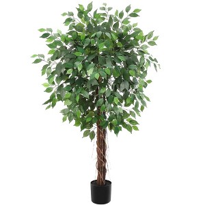 Artificial Ficus Tree, Lush Faux Plant with Black Pot, 2-Trunk Fake Indoor Outdoor Decor - 1 of 4