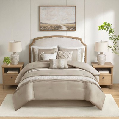 Taupe King 7-Piece Microfiber Comforter Set with Decorative Crochet