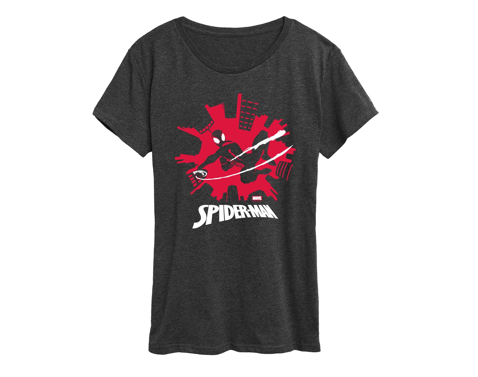 Women's Marvel Spider-Man Miles Skyline Short Sleeve Graphic T-Shirt - Heather Charcoal - 2 X-Large