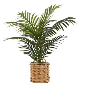 Okak 24IN Artificial Palm Tree with Real Touch Green Leaves, Faux Tree with Beige Woven Basket, Decorative Fake Plants for Home Decor, Green - 1 of 4