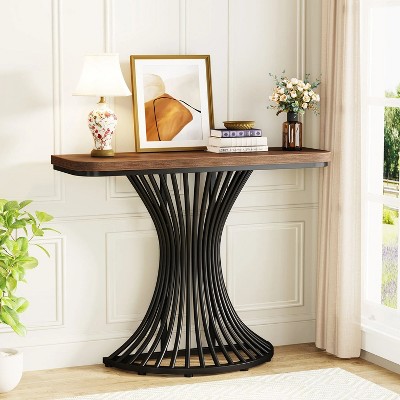 Rustic Brown Wood and Black Metal Demilune Console Table with Storage