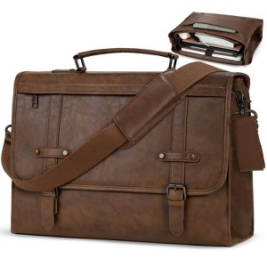 Mens Messenger Bag 17 Inch Waterproof Vintage Leather Laptop Briefcase Large Computer Laptop Bag Satchel Bag Retro Shoulder Bag,Brown - 1 of 4