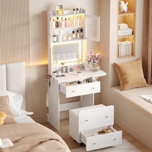 Small Vanity Desk with Mirror and Lights, Hidden Stool, Charging Station, Fold-up Panel - 1 of 4