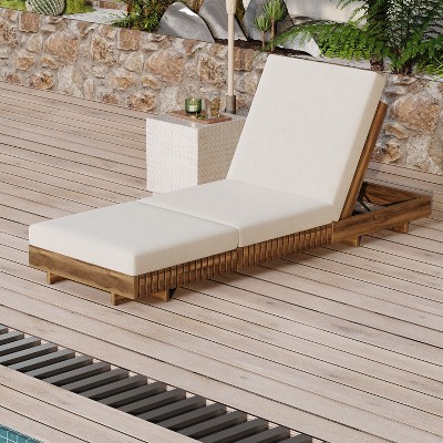 Outdoor Chaise Lounge Chair with 6-Position Adjustable Backrest,Acacia solid wood,TEAK COLOR
