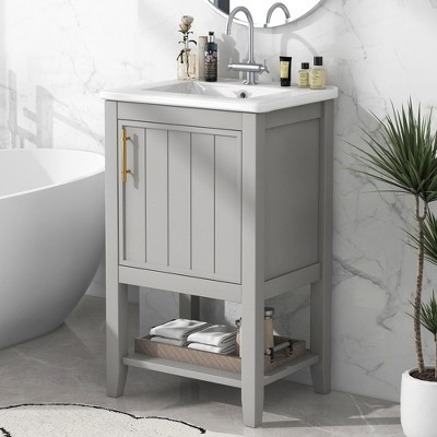 ALEXOUN 20" Small Bathroom Free Standing Single Basin Vanity with Ceramic Sink,Bathroom Storage Cabinet with Door and Storage Rack & Open Shelf