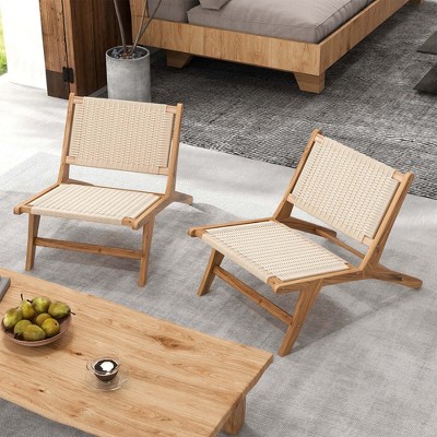 Costway 1/2 PCS Teak Wooden Chair with Braided Rope Seat & Backrest Mid Century Modern