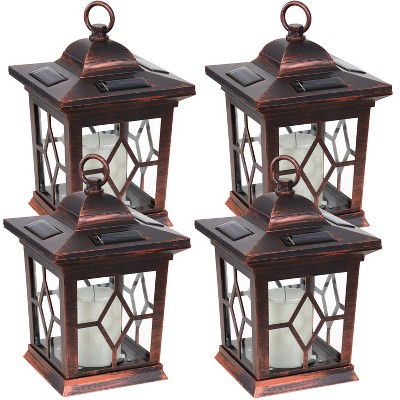 Sunnydaze Outdoor Lucien Hanging Tabletop Solar LED Rustic Farmhouse Decorative Candle Lantern - 9" - Copper - 4pk
