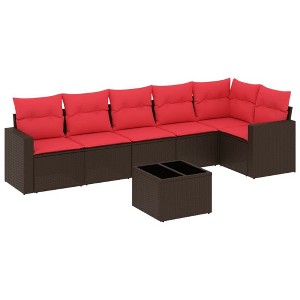vidaXL 7 Piece Patio Sofa Set with Cushions Brown Poly Rattan - Brown and Red With Table - 1 of 4