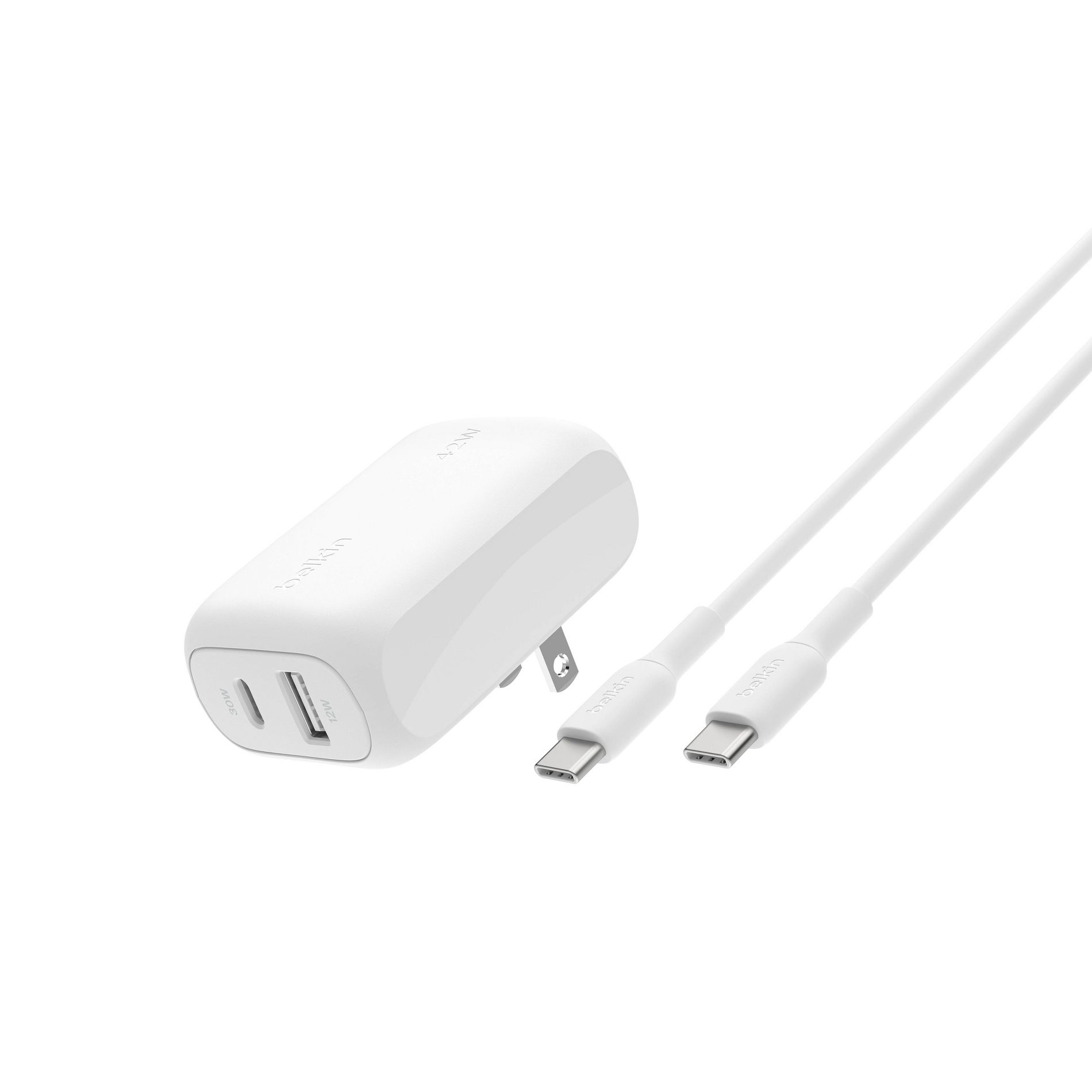 Belkin 42W Wall Charger C-C Bundle - White: iPhone & Samsung Compatibility Accessory