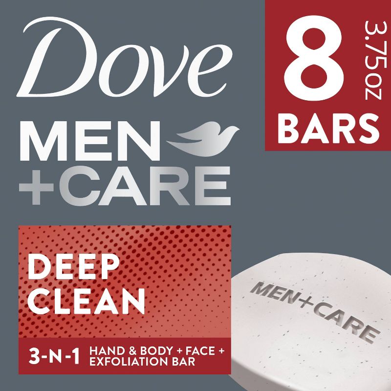 Dove Men+Care 3-in-1 Deep Clean Hand &#38; Body + Face + Exfoliation Bar Soap - 3.75oz/8pk, 1 of 9