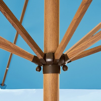 9ft Sky Blue Solar LED Lighted Patio Umbrella with Faux Wood Texture
