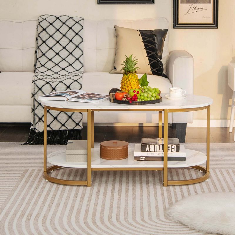 Costway White Marble Coffee Table  Modern 2-Tier Center Table with Open Storage Shelf, 5 of 11