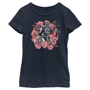 Girl's Star Wars Floral Darth Vader With Tie Fighters T-Shirt - 1 of 4