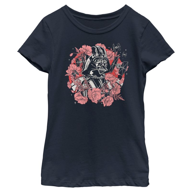 Girl's Star Wars Floral Darth Vader With Tie Fighters T-Shirt, 1 of 5