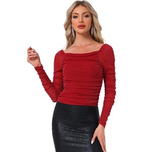 Allegra K Women's Square Neck Long Sleeve Ruched Mesh Glitter Blouse - 1 of 4