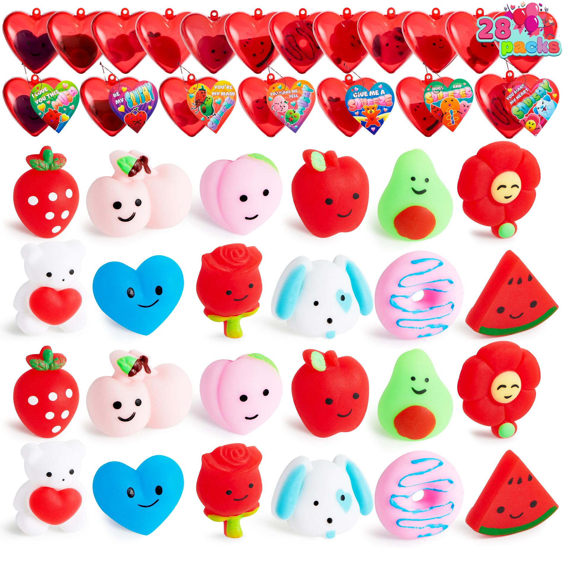 Joyfy 28Pcs Squishies Toys Prefilled Hearts with Valentines Day Cards for Kids-Classroom Exchange Gifts - Animals Stress Toy with Gift Boxes