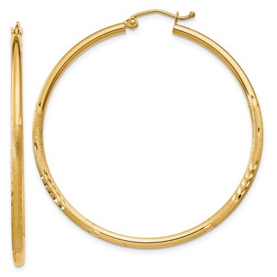 Black Bow Jewelry 2mm x 45mm 14k Yellow Gold Satin & Diamond-Cut Round Hoop Earrings