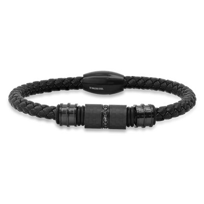 Steeltime Men's genuine black braided leather and stainless steel bracelet with simulated black diamonds accents
