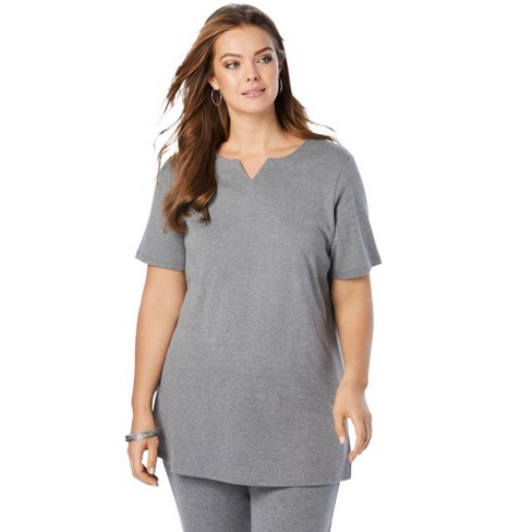 Roaman's Women's Plus Size Notch-neck Soft Knit Tunic, 1x - Medium Heather  Grey : Target