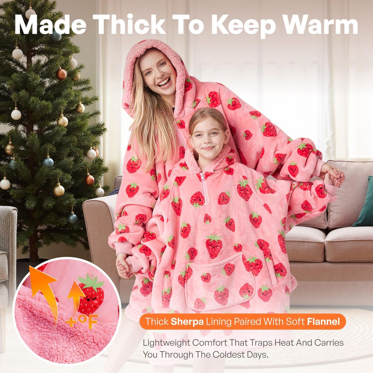 Joyfy Strawberry Cow Wearable Blanket Hoodie, Oversized Soft Fleece Hooded Blanket, Cozy Sweatshirt Gifts with Giant Pocket and Sleeves for Kids Girls - thumbnail 4
