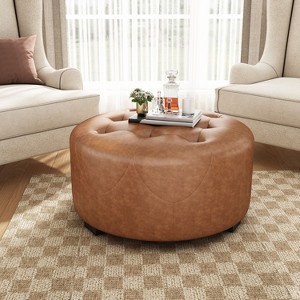 Sapphtopaz Modern Ottoman with Button Tufted Upholstered Round Foot Stool with Wooden Legs Shoe Bench Footstool for Living Room, Entryway - 1 of 4