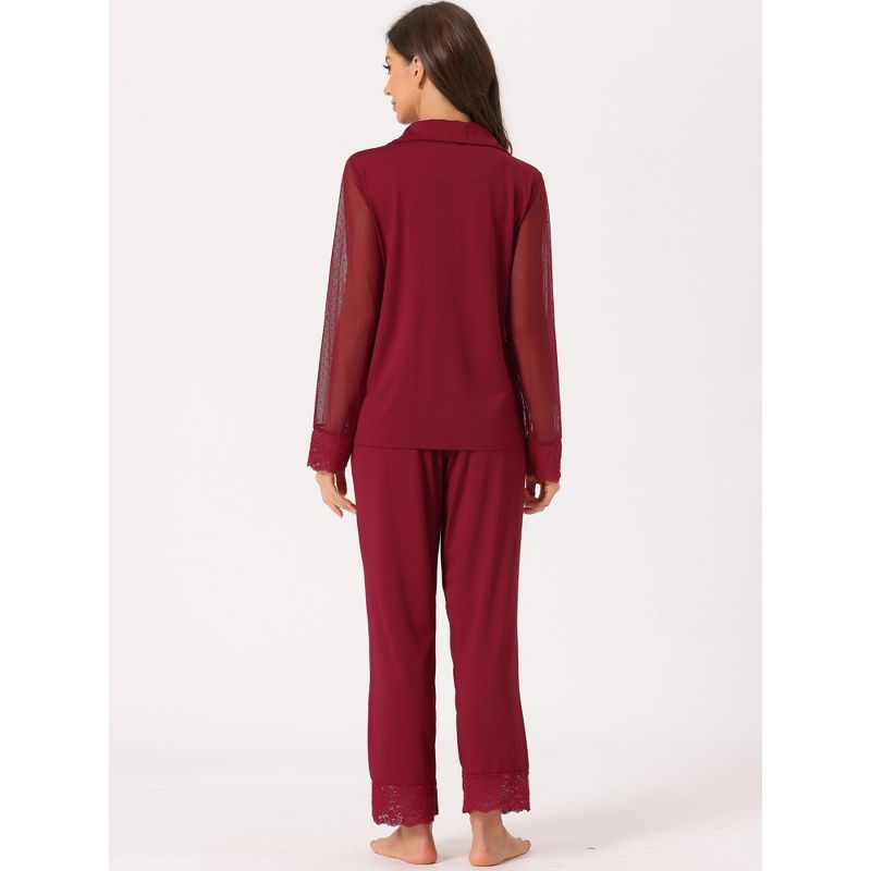 cheibear Women's Button Down Sheer-Mesh-Sleeve Sleepwear Shirt with Long Pants Pajama Set, 4 of 6
