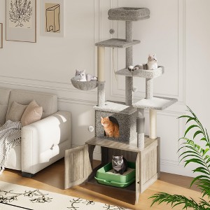 GustoWave Litter Box Enclosure with Cat Tree Tower and Condo, Hidden Pet Washroom Furniture with Sisal Scratching Post, Hammocks - 1 of 4