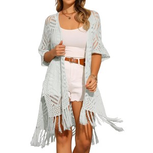 INSPIRE CHIC Women's Boho Open Front Short Sleeve Lightweight Fringe Beach Knit Cardigans - 1 of 4
