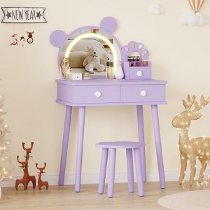 Bear-Shaped Kids Vanity Set with Lights, Wooden Makeup Desk & Stool, Princess Toddler Play Vanity Table for Bedroom, Perfect for Little Girls - 1 of 4