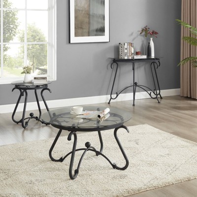 SEVOBAL Coffee Tables Two Piece Tempered Glass Coffee Table Set Round Coffee Table Design for Living Room, Black, 34.84"*34.25"*6.69"