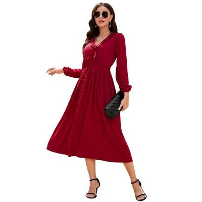 Womens Pleated Party Dress Long Sleeve V Neck Ruffle Elastic Empire Waist Wedding Guest Cocktail Dress