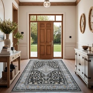 Vintage Floral Print Area Rug - Washable Non-Slip Ultra-Thin Carpet, Stain Resistant Non-Shedding Throw for Living Room Bedroom Office Playroom - 1 of 4