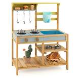 Costway Wooden Play Kitchen Set, Outdoor Kid's Mud Kitchen with Faucet & Water Box