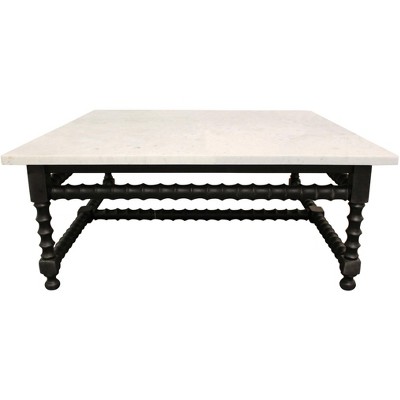 HomeRoots 48" White And Black Genuine Marble And Solid Wood Square Coffee Table