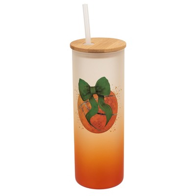Elanze Designs 25 Ounce Frosted Glass Gradient Travel Tumbler With Straw and Wooden Lid, Basketball With Green Bows Orange