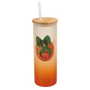 Elanze Designs 25 Ounce Frosted Glass Gradient Travel Tumbler With Straw and Wooden Lid, Basketball With Green Bows Orange - 1 of 1