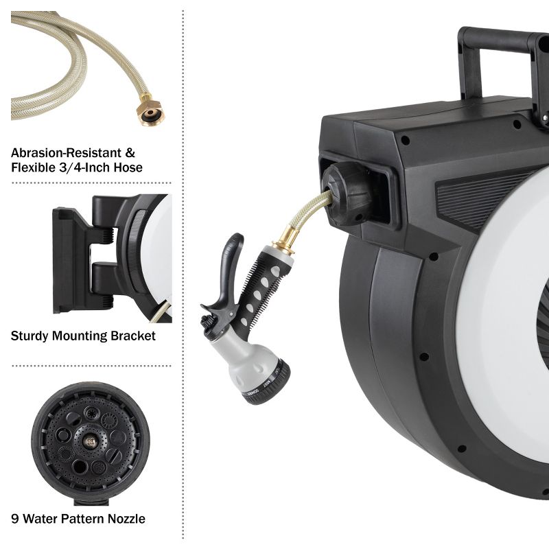 Retractable Hose - 124 FT Garden Hose with 9 Nozzle Patterns - Hose Reel Wall Mount with 180-Degree Swivel Bracket and Auto-Rewind by Pure Garden, 4 of 10