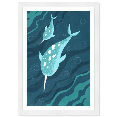 Blue and White Narwhals Canvas Print with White Frame