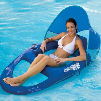 SwimWays Spring Float Mesh Recliner Pool Lounge Chair with Adjustable Sun Canopy for UV Protection and Built-In Cup Holder, Blue