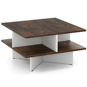 Costway 2-Tier Square Coffee Table Industrial Accent Cocktail Table with X-Shaped Base - 1 of 4