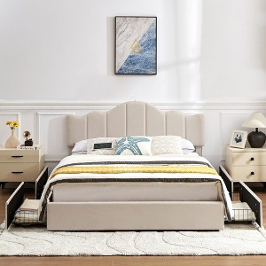 VECELO Queen/Full Size Platform Bed Frame with Type-C & USB Charging Stations and 4 Storage Drawers, Upholstered Adjustable Headboard, Beige - 1 of 4