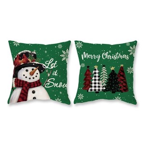 Christmas Pillow Covers 18x18 Set of 2 Let it Snow Snowman Christmas Trees Xmas Green - 1 of 4