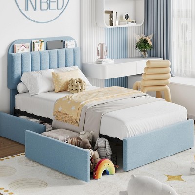 Boucle Twin Platform Bed with Bookshelf Headboard & Storage Drawers - Noise-Free Upholstered Youth Bed for Boys and Girls, No Box Spring Needed