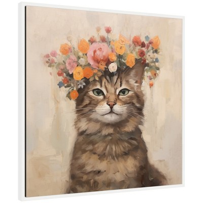 Kate & Laurel All Things Decor 30"x30" Sylvie Adorable Floral Boho Cat Framed Canvas by The Creative Bunch Studio White