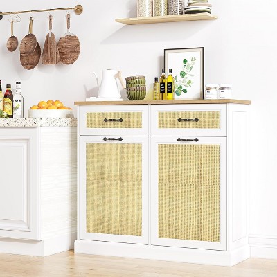 Modern White Rattan Tilt-Out Trash Cabinet, Large, Kitchen, Hidden Trash Can Storage with Drawer