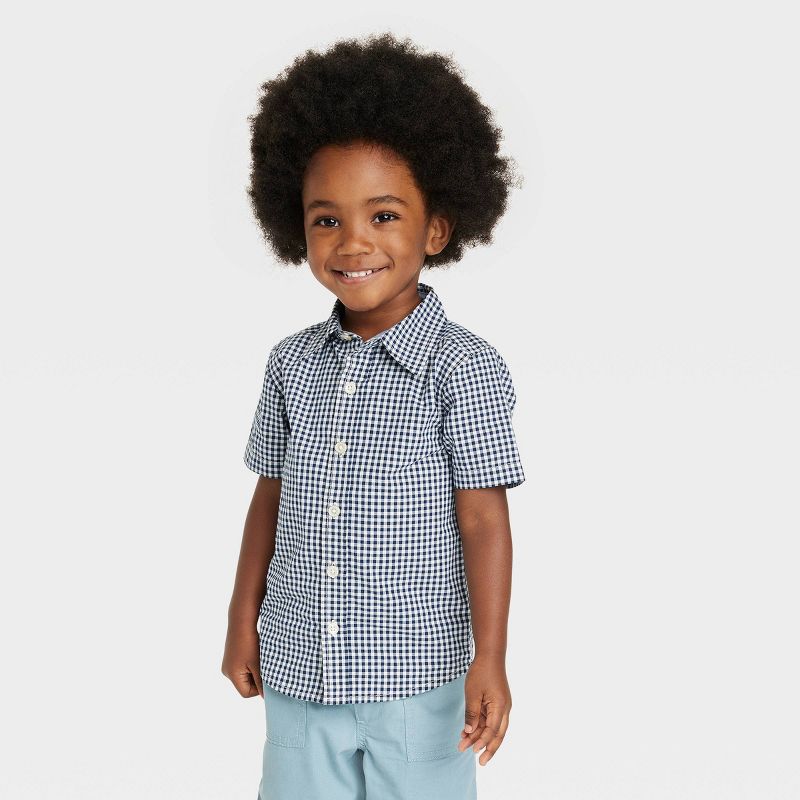 OshKosh B'gosh Toddler Boys' Plaid Checkered Woven Short Sleeve Shirt - Navy Blue, 1 of 7
