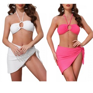 INSPIRE CHIC Women's Rope Circle Halter Ribbed Triangle Bottoms Side Tie Cover Up Swimwear Bathing Bikini Suits 2 Sets - 1 of 4