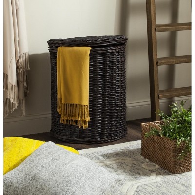 Brown Wicker Upright Hamper with Lid and Cotton Liner